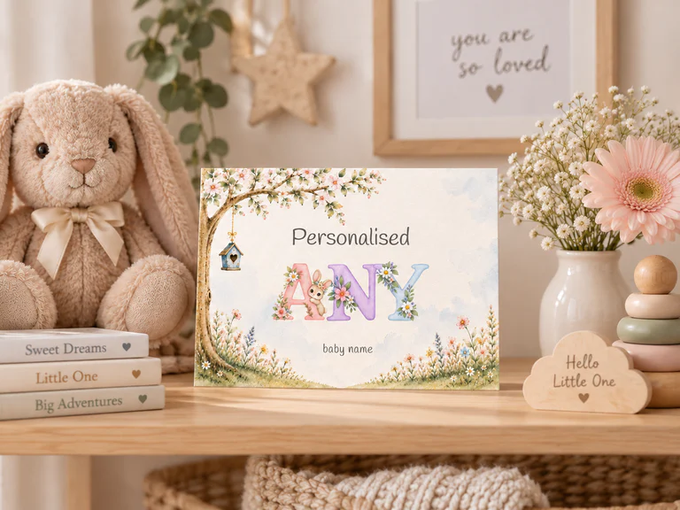 Personalised baby-name card displayed on a nursery shelf with a cuddly bunny and flowers